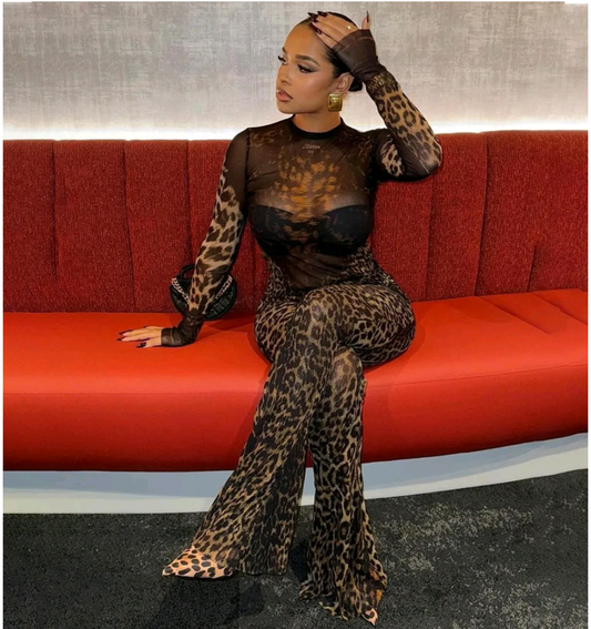 Mesh sexy leopard perspective long sleeve top and tight pants two piece set