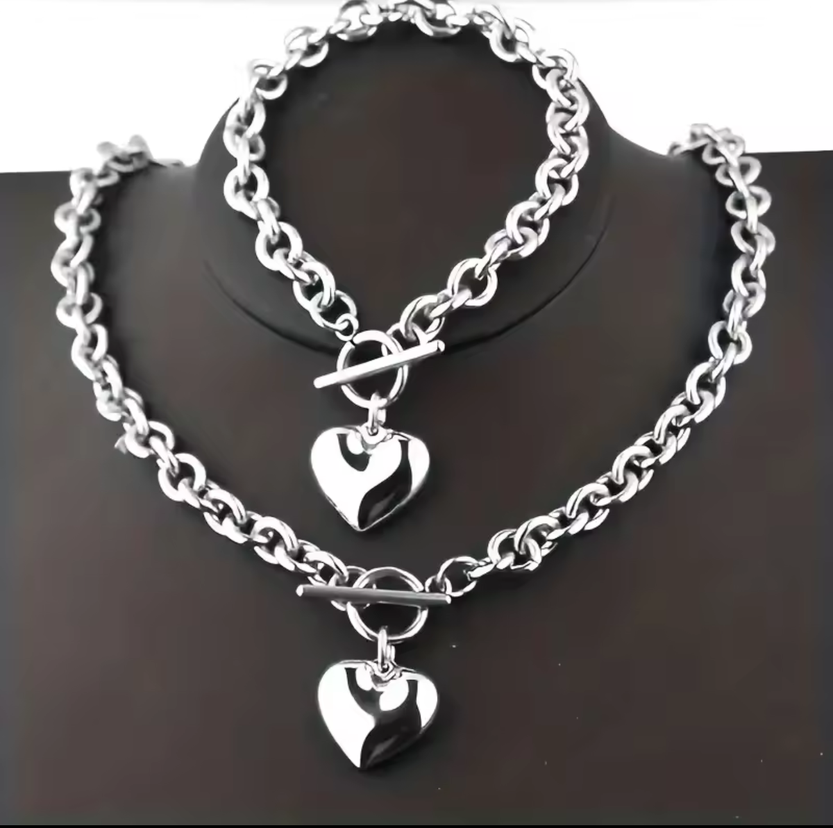 Titanium steel link necklace/bracelet set with full heart pendant