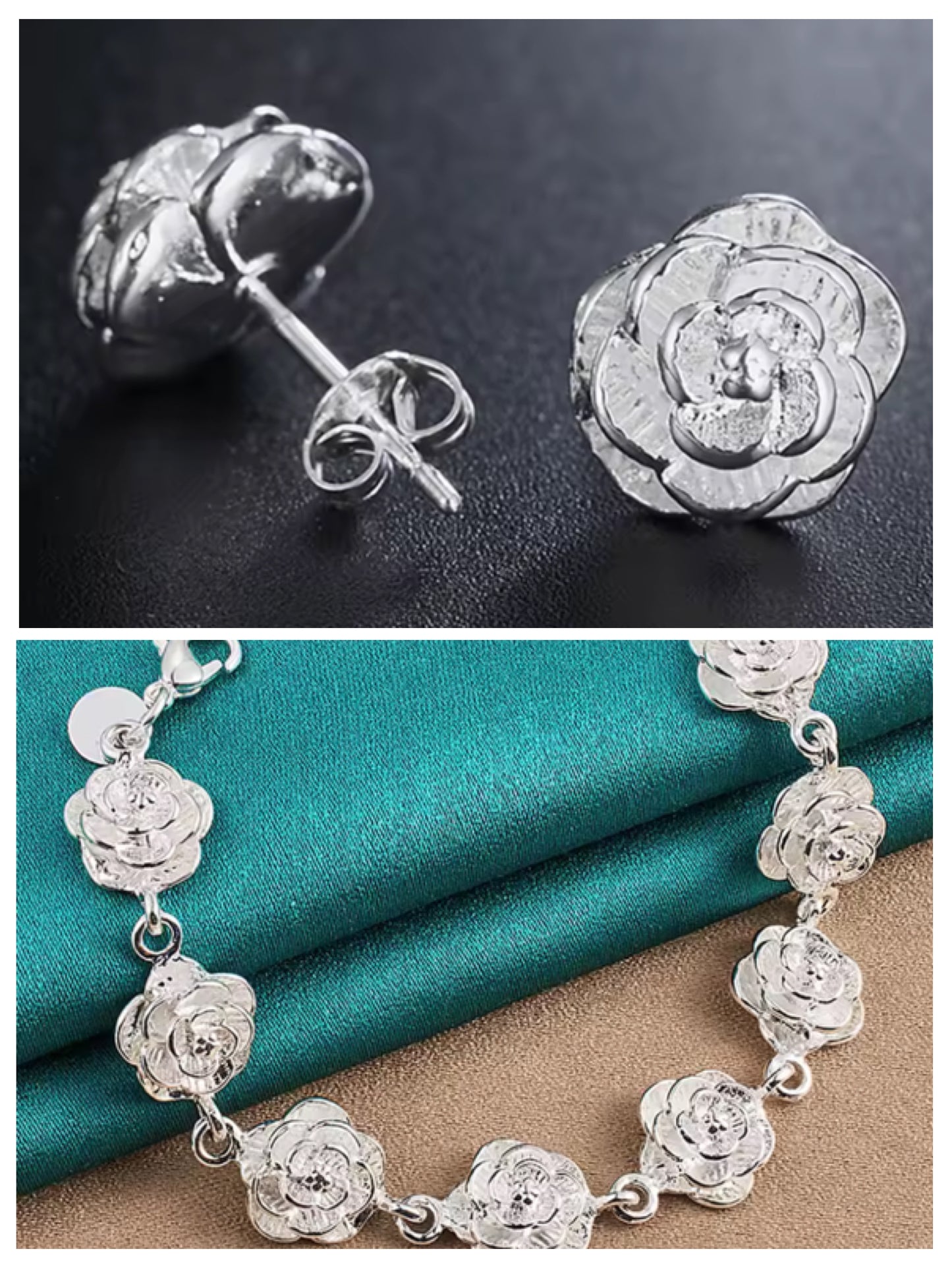 Elegant 925 sterling silver Rose Earrings/Bracelet set