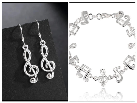 925 Sterling silver music Note Earings and bracelet set perfect gift for music fans